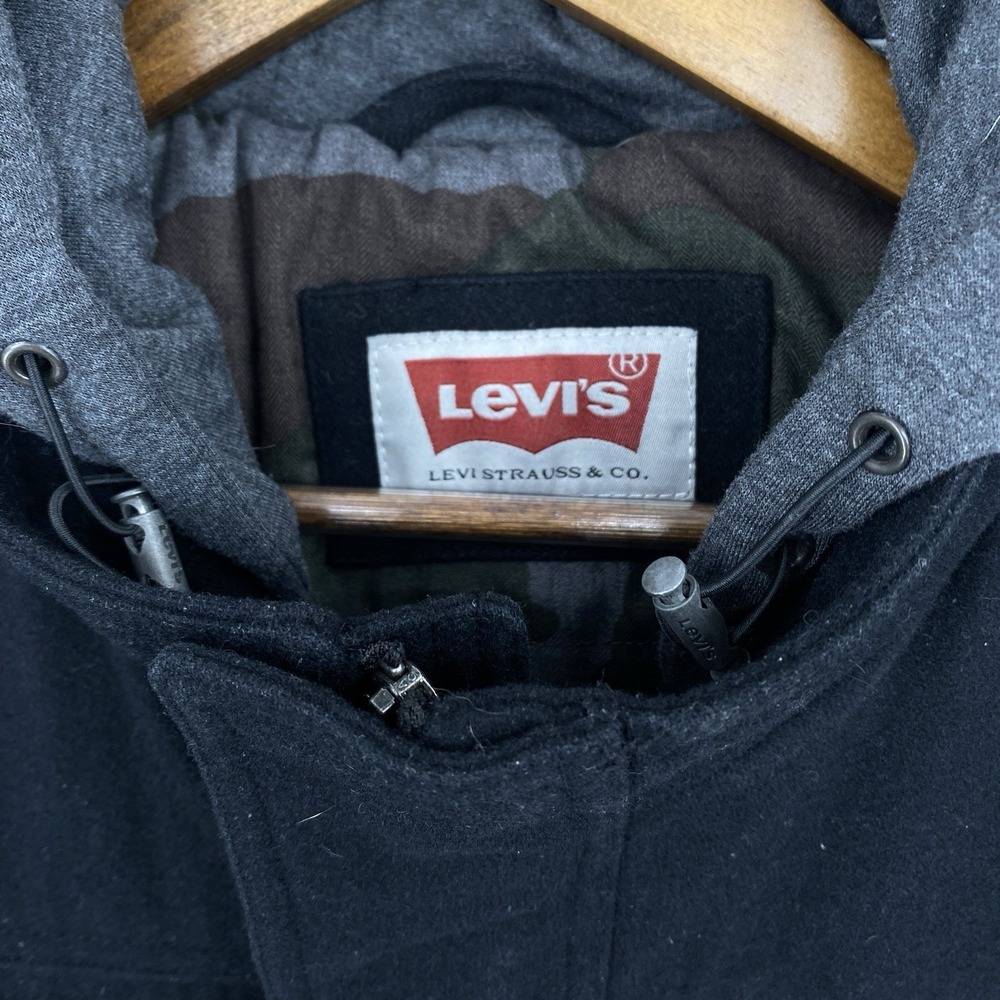 Levi's Men's Wool Blend Military Field Jacket Hooded Black Camo Lined Small S